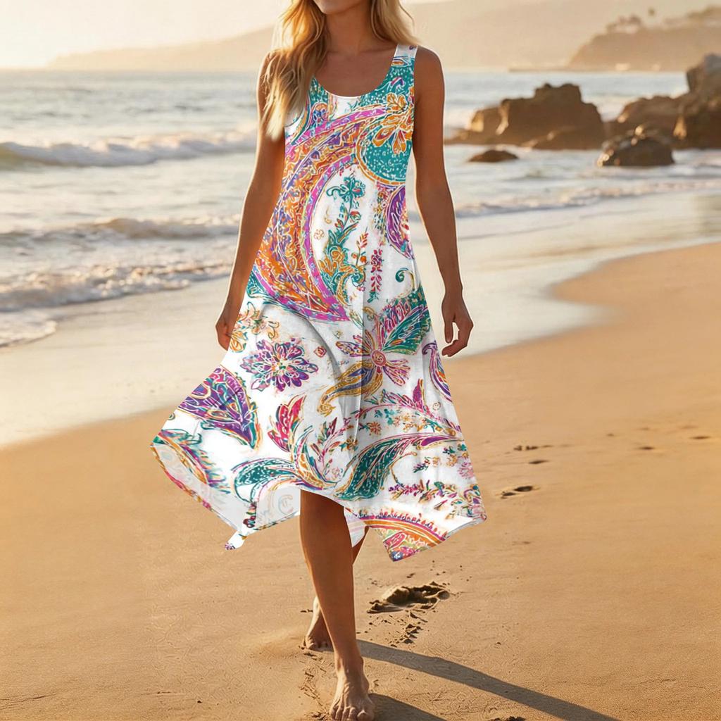 Ärmelloses bedrucktes Midi-Kleid für Damen Leicht fließende Passform Sommerkleider für Damen UK Damen Sommerkleider UK