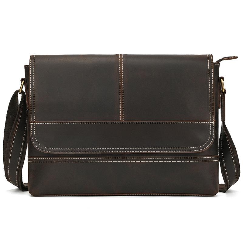 Men'S Genuine Leather Shoulder Bag Crazy Horse Leather Messenger Bag First Layer Cowhide Flip Shoulder Bag Ipad