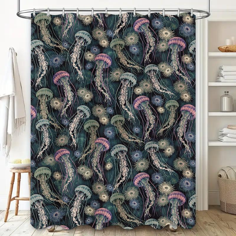 Jellyfish Shower Curtain Waterproof Bathroom Decor Dark Blue Ocean Theme 3D Printed Pattern Modern Home Decoration Size W72X84