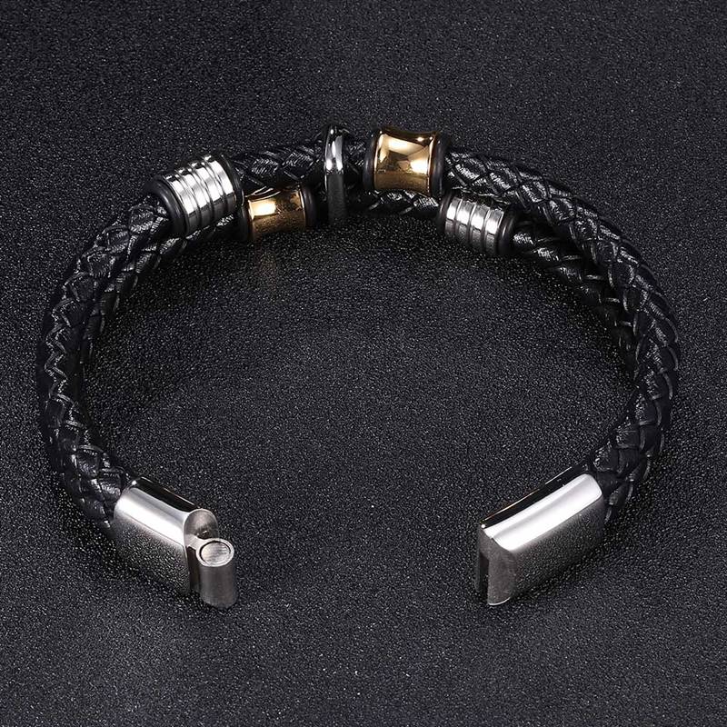 New Woven Leather Rope Wrapping Special Style Punk Stainless Steel Men's Leather Bracelet Double-Layer Design