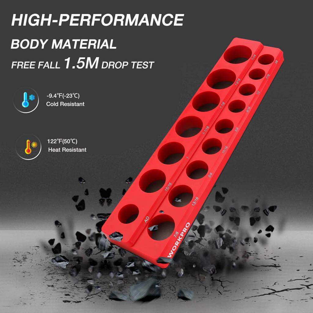 WORKPRO Magnetic Socket Organizer SAE Metric Magnetic Socket Set for Tool Boxes and Tool Holds 35 Standard Sockets Not 1/2-Inch Set, & Holder, 2-Piece