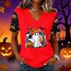 Women's Halloween Print V-Neck Short Sleeve Pullover Top for Casual Wear
