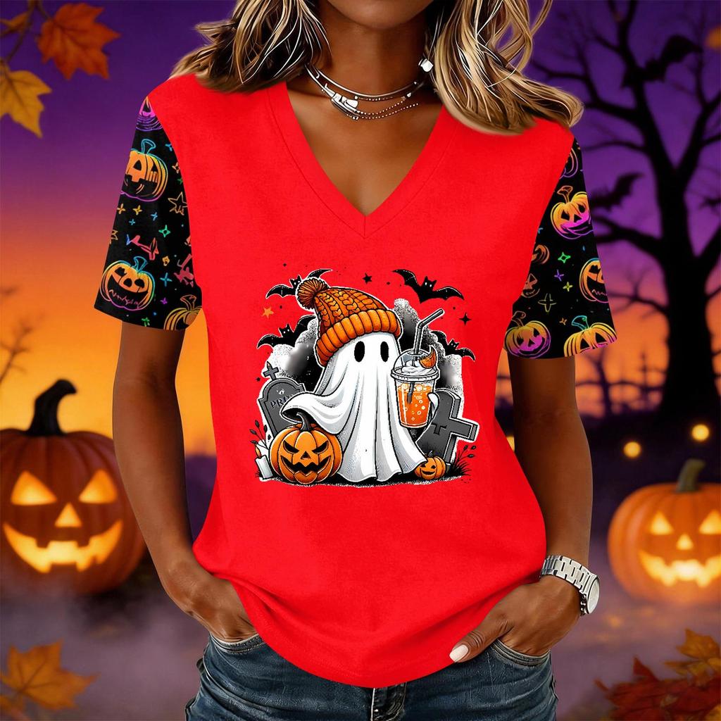 Women's Halloween Print V-Neck Short Sleeve Pullover Top for Casual Wear