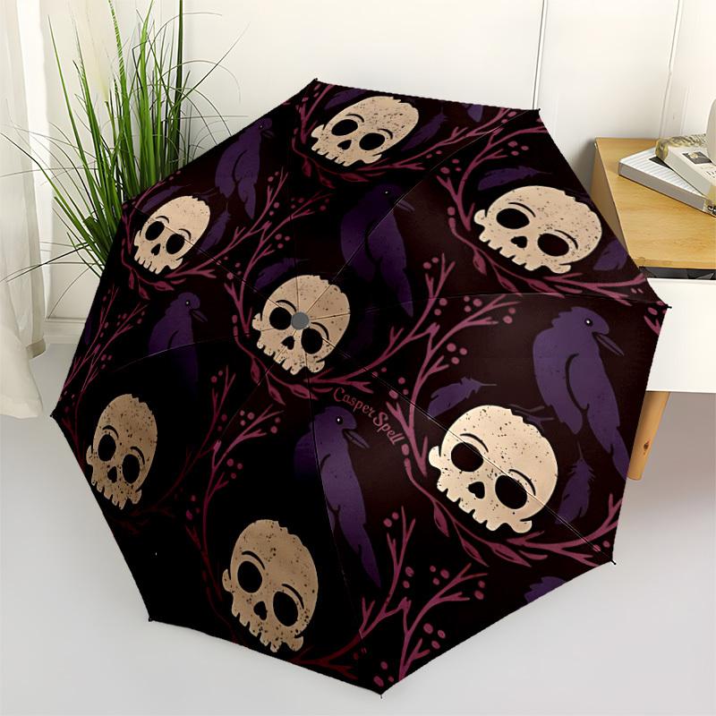 1pc Skulls Ravens Automatic Umbrella - 8-Rib Portable Folding Black Iron Frame for Outdoor, Beach, Travel, Beach Umbrella,011
