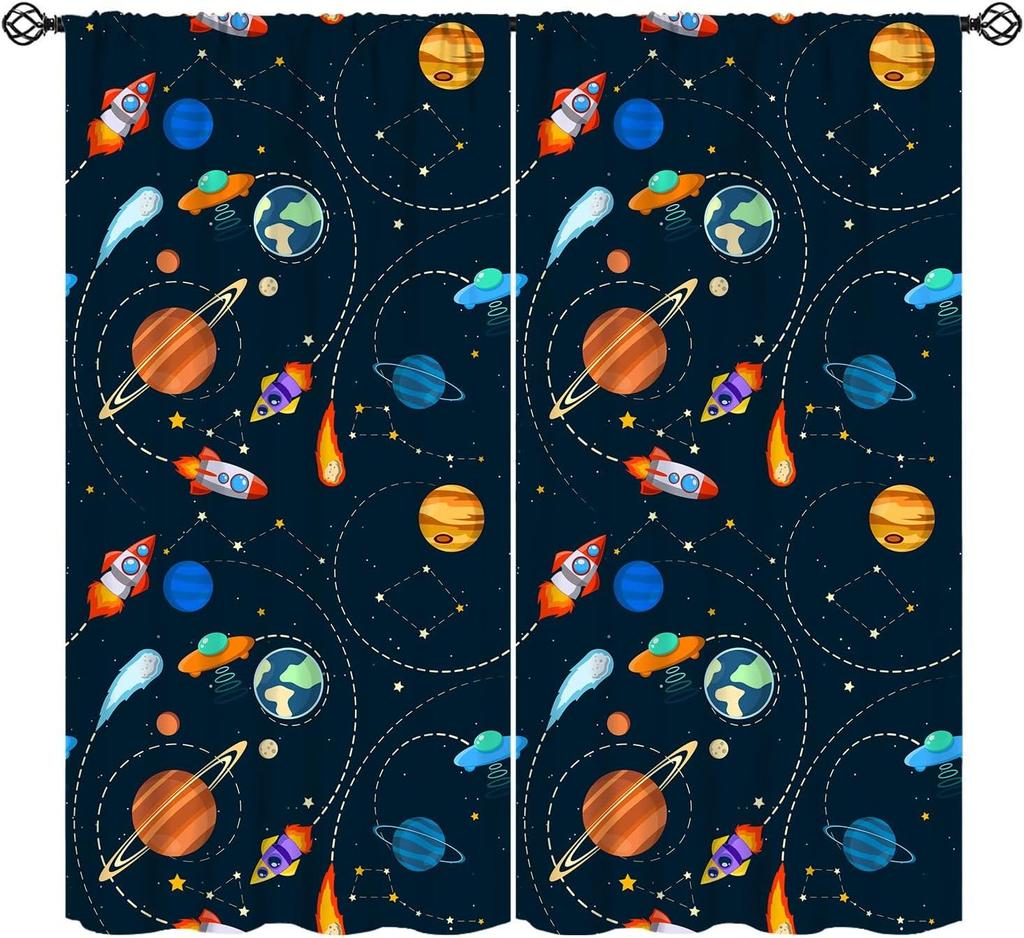 Solar System Window Curtains, Outer Space Space Astronaut Galaxy Window Treatments for Kids Boys Girls Bedroom Living Room