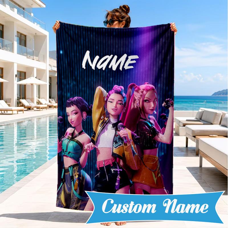Custom Name KPop Cartoon Beach Towel Microfiber Beach Towel, Lightweight and Quick-Dry, for Summer Travel, Swimming Pool Gift