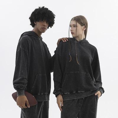350g 80% Cotton Distressed Retro Oversized Hooded Sweatshirt with Drop Shoulders