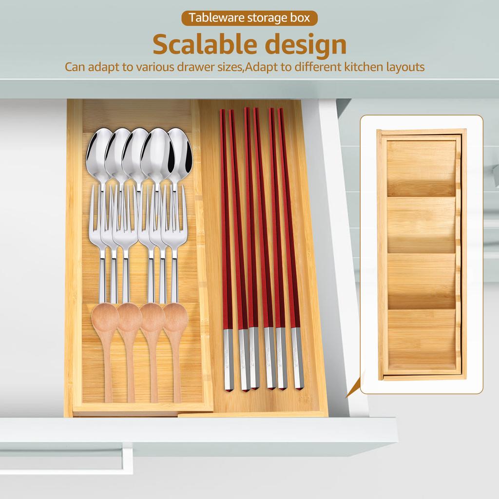 Expandable Drawer Tray Cutlery Organizer Kitchen Silverware Utensil Flatware Cutlery Spoons Knives Bamboo Storage Tray