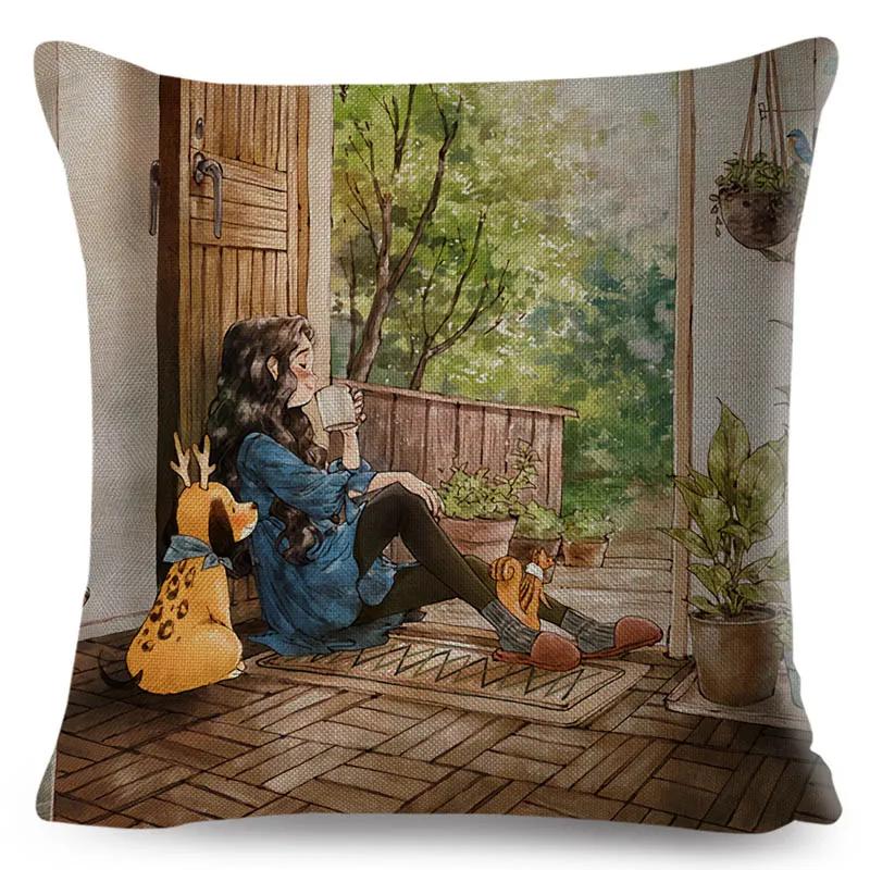 Colorful Cute Cartoon Girl and Pet Dog Fairy Tale World Pillowcase Decor for Sofa Home Pillow Case Polyester Cushion Cover