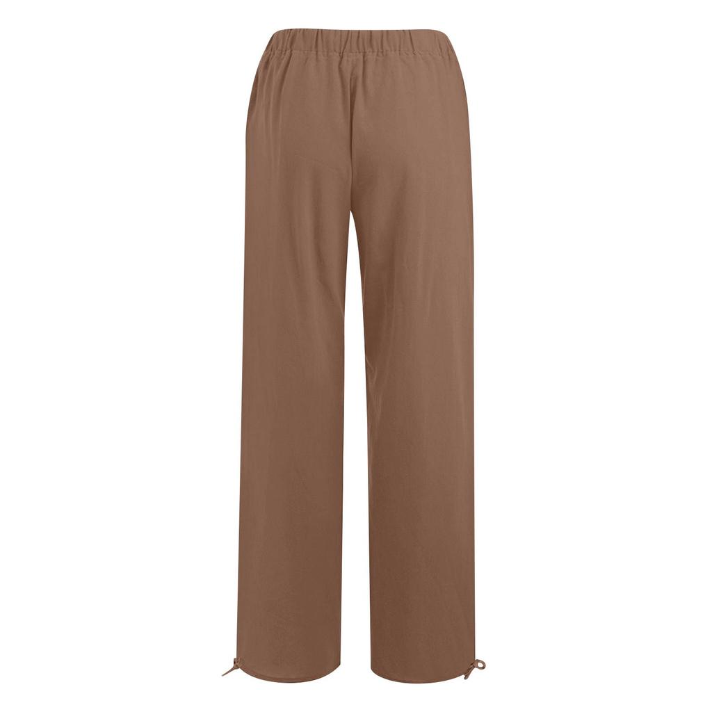 Damen 9-Hosen Lässige, lockere, hohe Taille, Baumwoll-Leinen, lange Hosen mit weitem Bein und Taschen