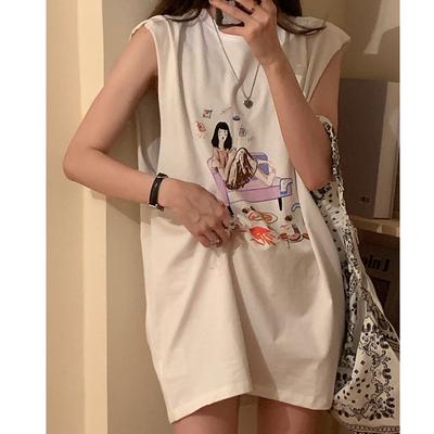 White Sleeveless T-shirt for Women's New Summer Wear Korean Loose Printed Vest Mid-length Student Top