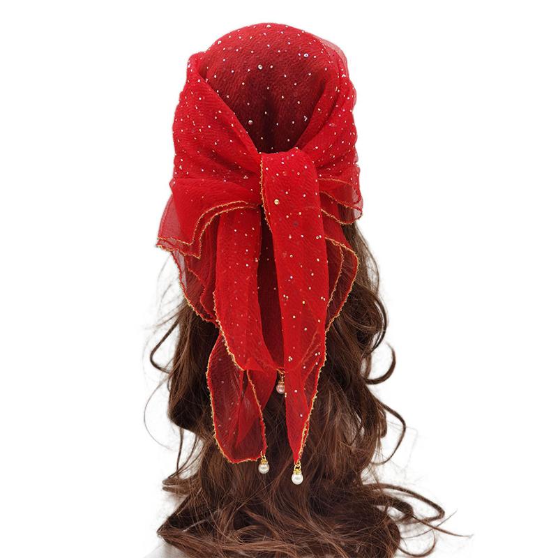 

Универсальный квадратный шарф с жемчужной бахромой и стразами, кружевной край, повязка на голову «Полное звездное небо», однотонная, дышащая ткань B