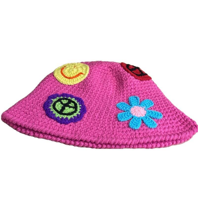 Dopamine Colored Flower Knitted Fisherman Hat Girls Autumn and Winter Sweet and Cute Versatile Face Small Thermal Basin Hat