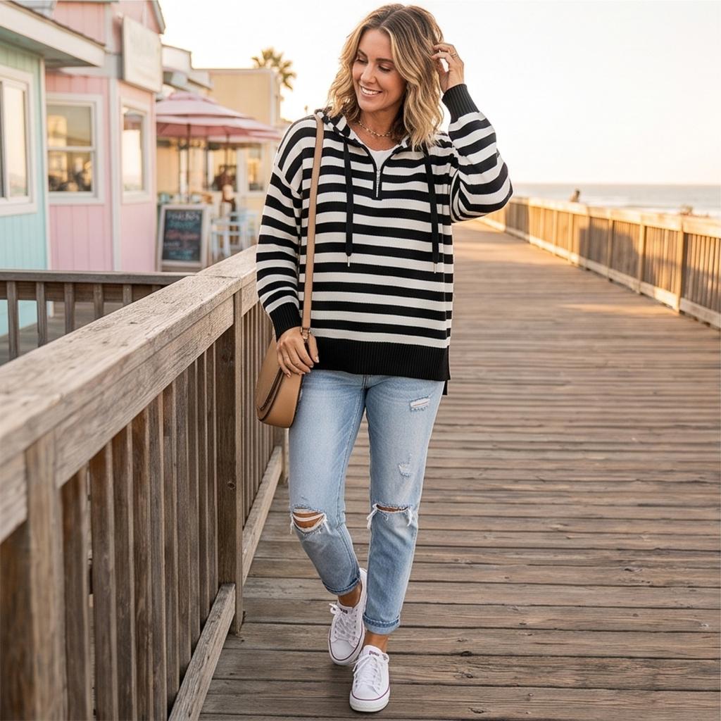 Maglione da donna vintage a righe con cappuccio e mezza zip