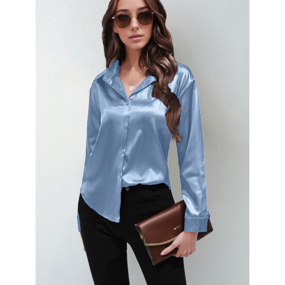 GMXIA Sateng Silkelignende Langermet Ensfarget Skjorte for Kvinner, Elegant Knappedetalj foran med Krage