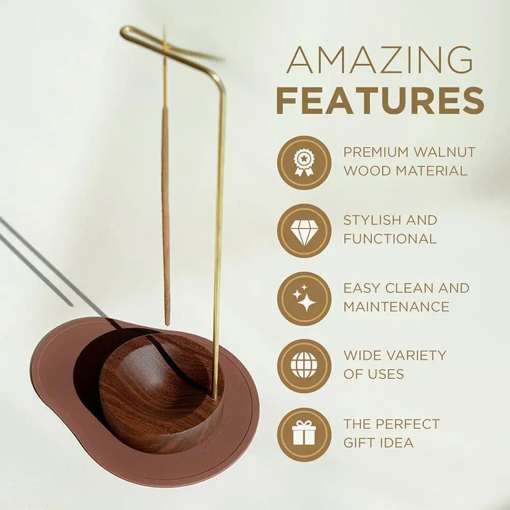 Wooden Incense Holder Upside Down Incense Holder with Brass Stand Incense Tray Ash Catcher for Tea Room Ornament Home Decoration