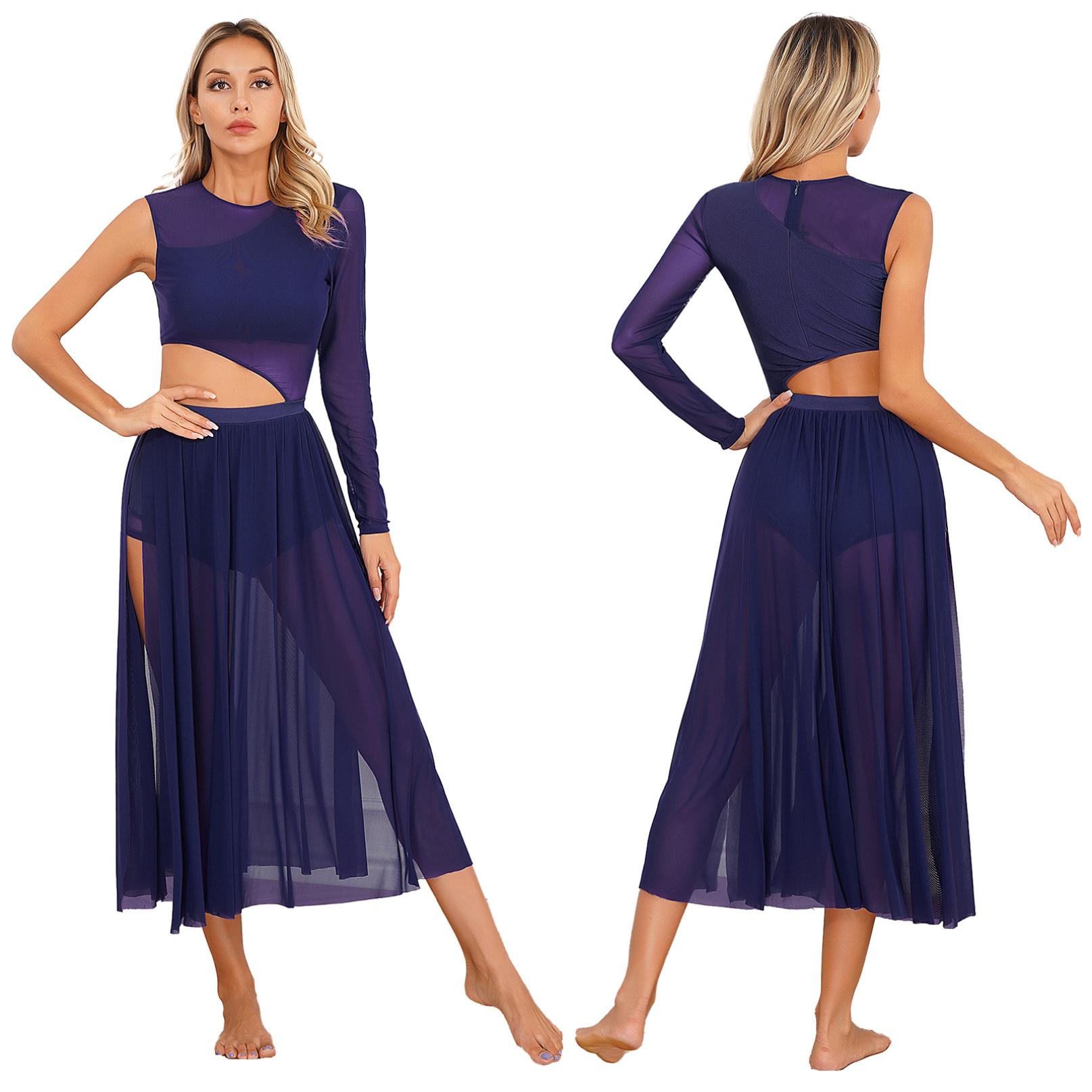 

Жіночі ліричні танцювальні костюми без рукавів, сітка, тюль, довга довга сукня, сучасний сучасний танцювальний одяг S темно-синього кольору