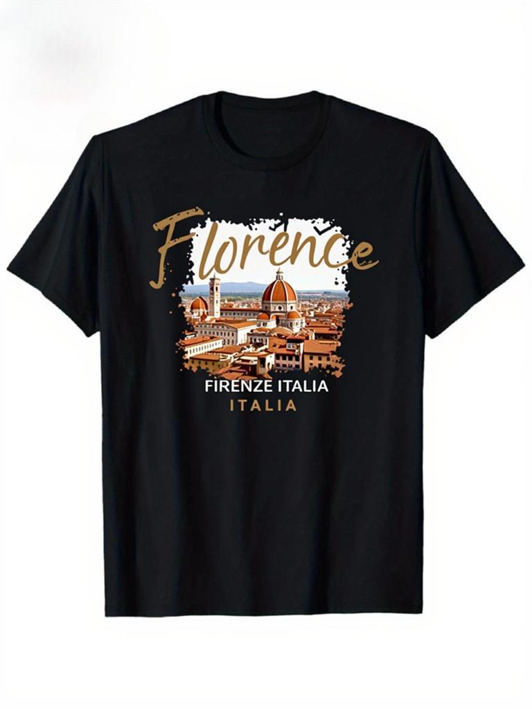 Florence Italy Vintage Cityscapewith Florence Cathedral Duomo  Landmarks design100 cotton round neck printed mens Tshirt