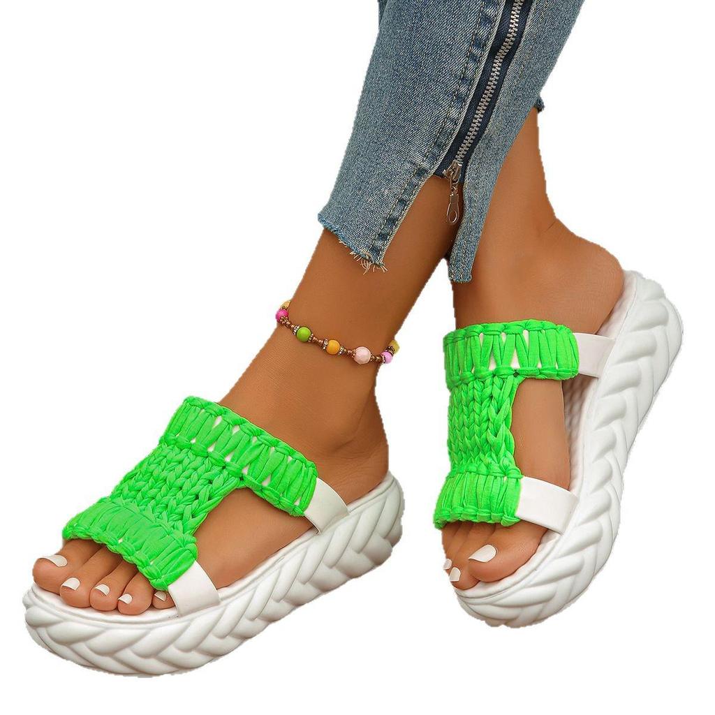 Women's Plus Size Lightweight Woven Slippers - Thick-Soled, Wool, Round-Toe Sandals, European & American Casual Style
