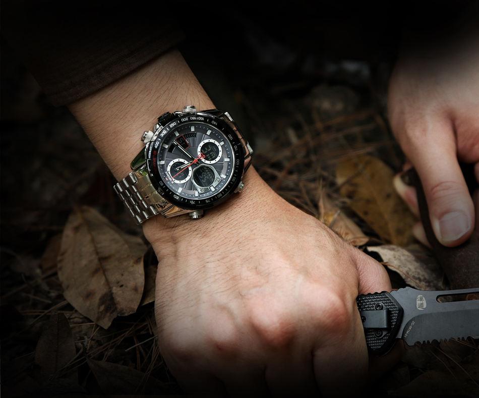 NAVIFORCE 9197 Digital Quartz Watch Men Three Time Quartz Wrist Mens Watch Countdown Steel Wristwatch Clock Relogio Masculino