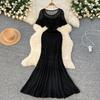 Korean women's clothing vacation wear, gentle wind hollow crochet short-sleeved knitted outer dress + suspender bottom skirt