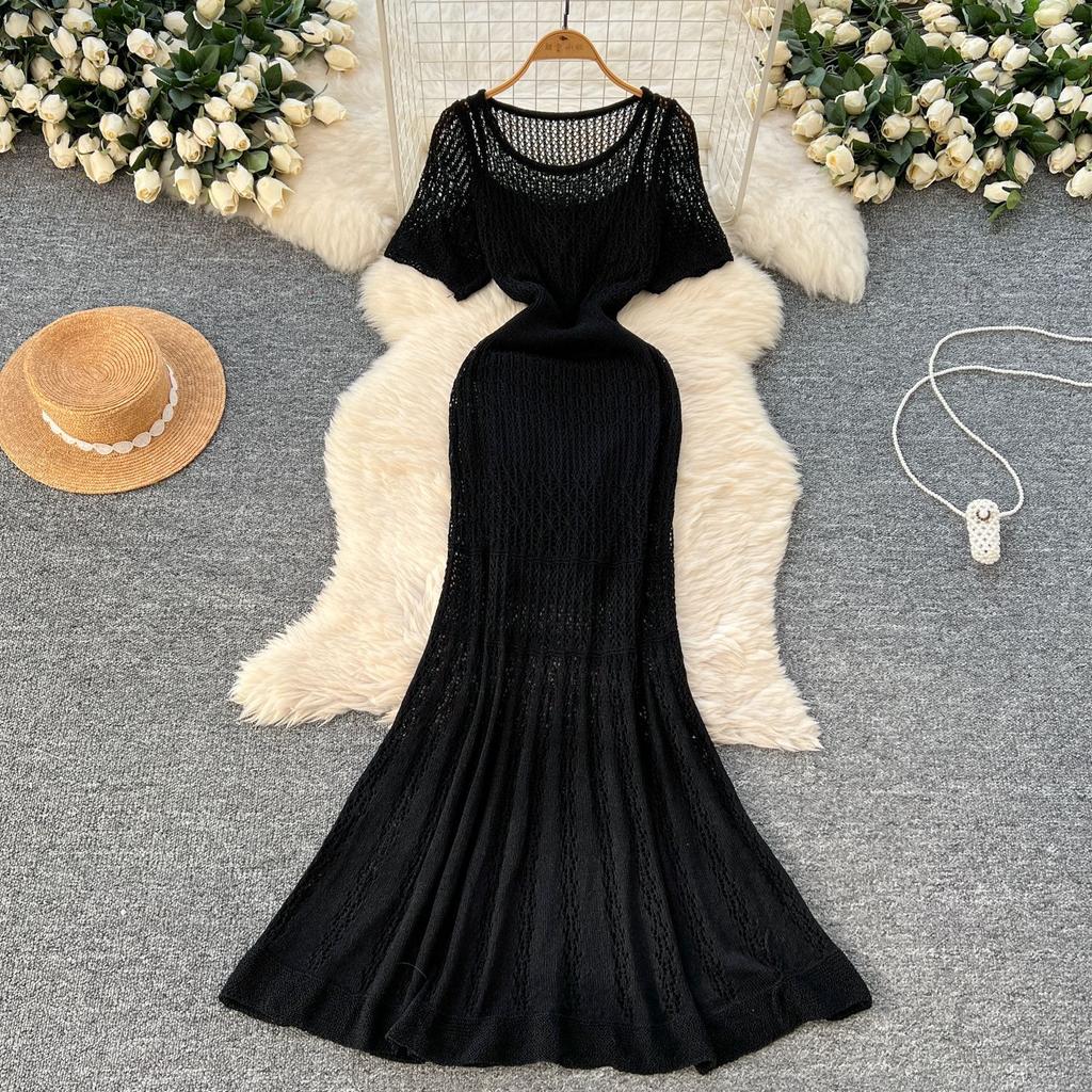 Korean women's clothing vacation wear, gentle wind hollow crochet short-sleeved knitted outer dress + suspender bottom skirt