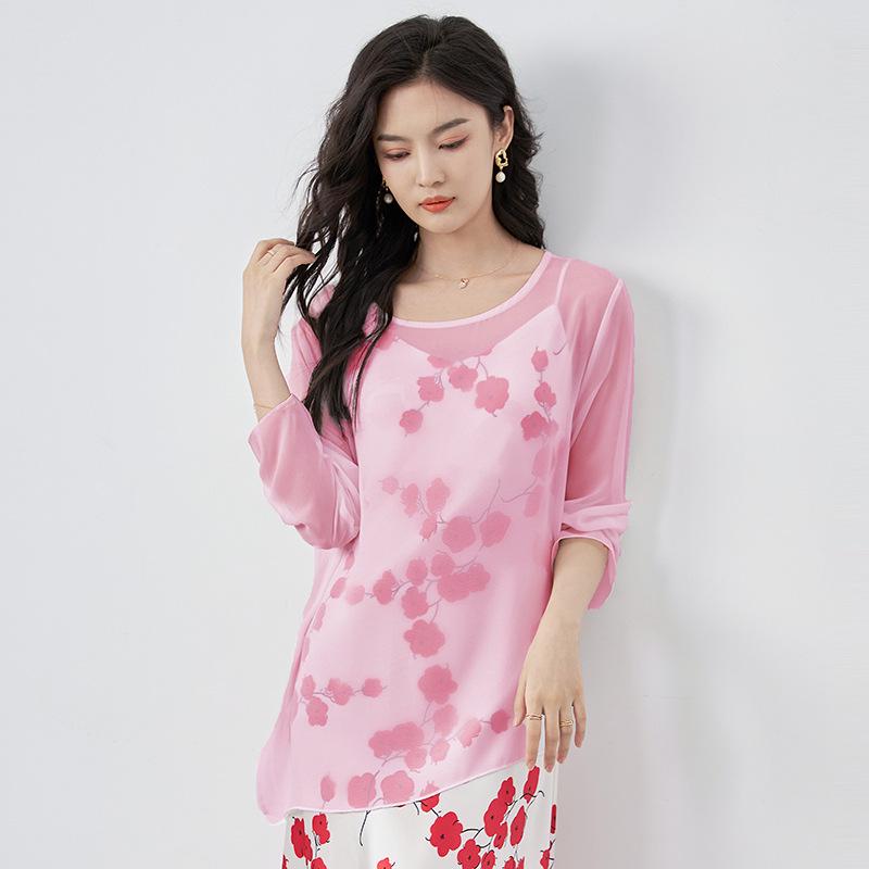 

Летний женский топ из жоржета 2024 - Приталенный, Дышащий, Защита от солнца, Модный и Универсальный L розовый