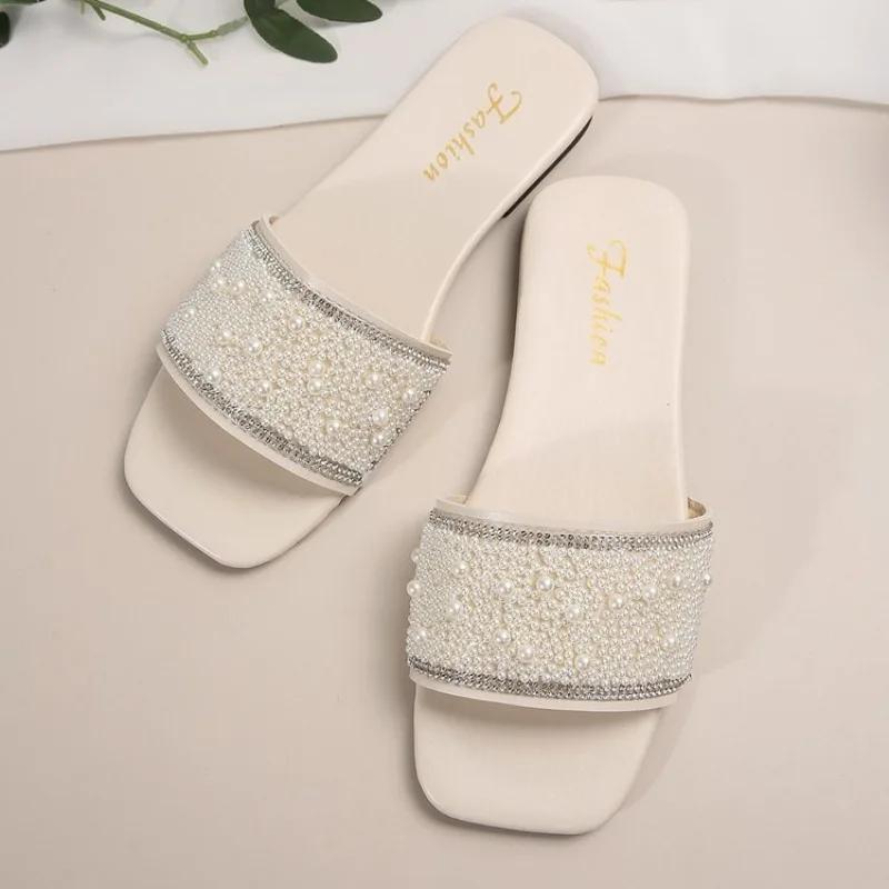 Letní dámské křišťálové dámské pantofle s otevřenou špičkou, ploché boty pro ženy, módní, luxusní, plážové, protiskluzové žabky, dámské Zapatos