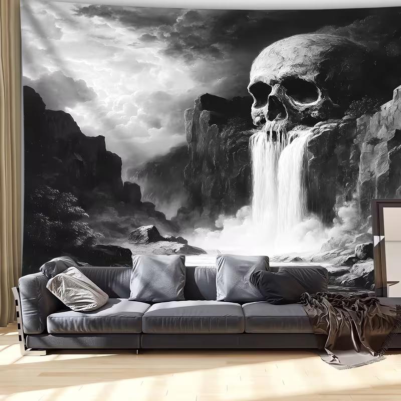 2D Black and White Skull Wall Tapestry Waterfall Background Cloth for Party & Home Decor