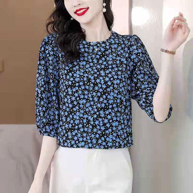 

Женская футболка с короткими рукавами и принтом, весна-осень, новый свободный топ для мам, шифоновая рубашка с круглым воротником, пуловер с короткими рукавами, блузки 4XL XXXL синий