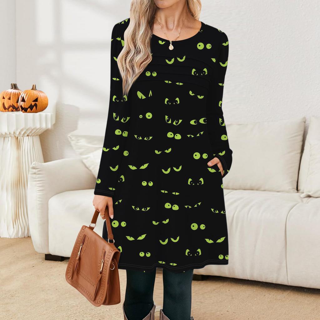 Damen Langarmkleid Herbst Freizeit T-Shirt Lockere Passform Plissiertes Vorderteil Kleider mit Taschen