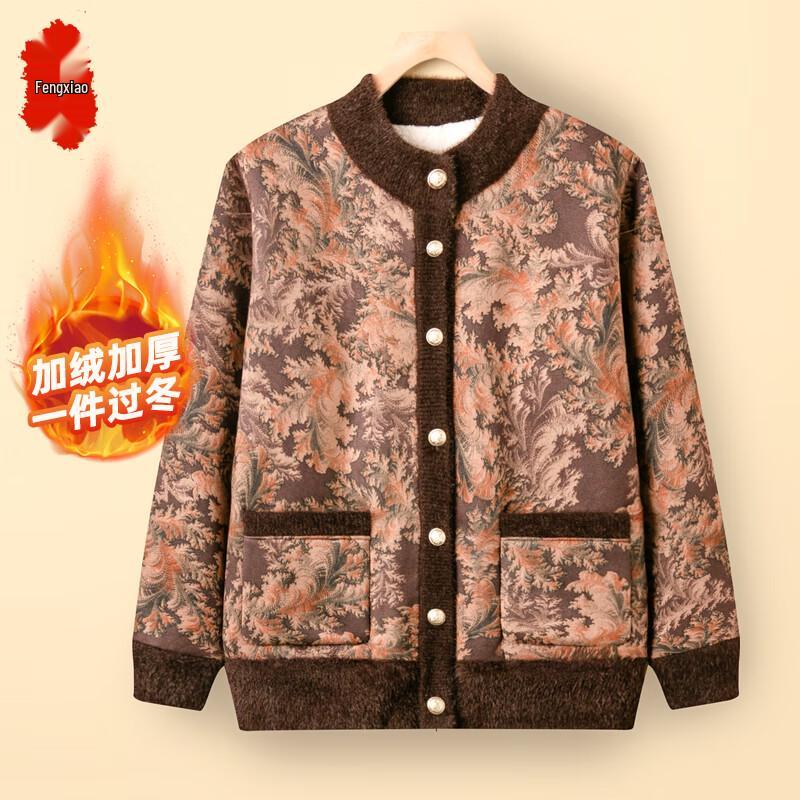

Middle-Aged Women s Thickened Fleece-Lined Printed Cardigan XL
