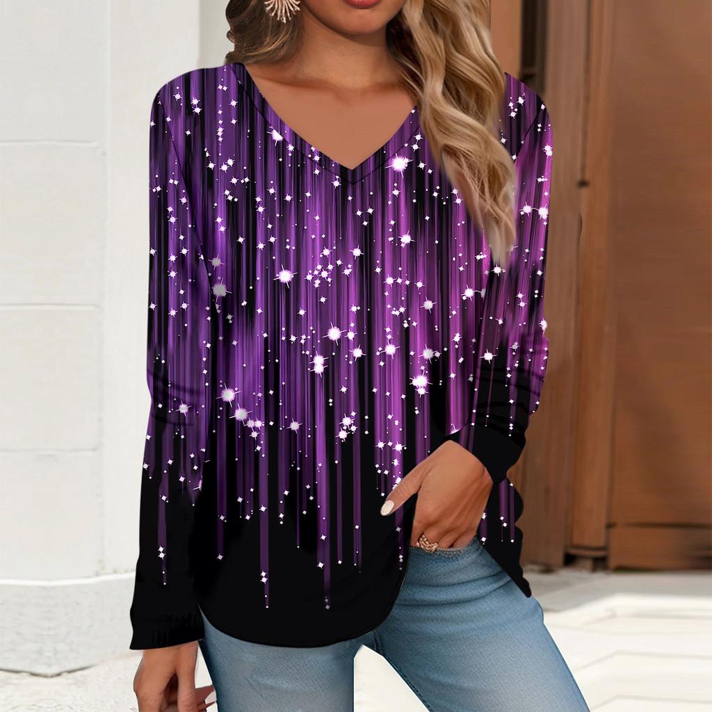 Women's T Shirt Tee Print Long Sleeve Daily Weekend Daily Basic V Neck Regular  Fall Winter Tops