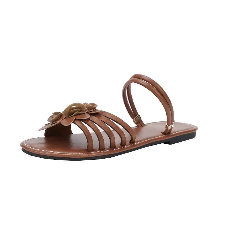 Women's Shoes On Sale 2024 Summer Ankle-wrap Women' Sandals Solid Flowers Open Toe Low-heeled Double Wear Beach Sandals Women