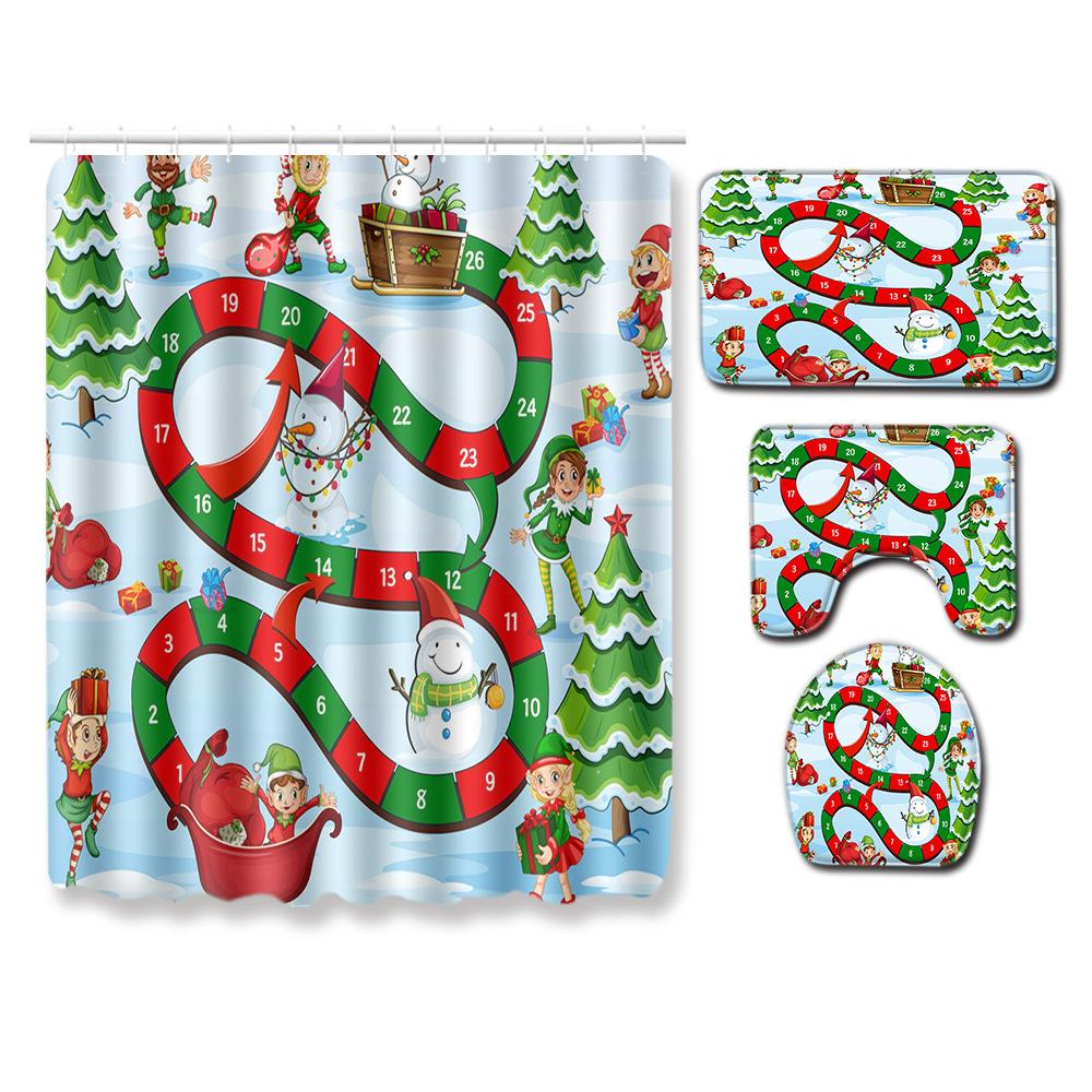Christmas Shower Curtain Four-Piece Toilet Floor Mat Non-Slip Doormat Water Absorption And Dust-Proof Carpet