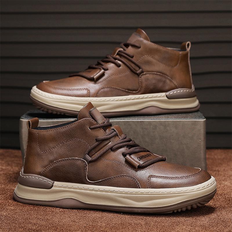Fashion Leather Men's Boots Breathable Anti Slip Casual Sneakers High Top soft Man Ankle Boots Outdoor Non-slip Walking Shoes