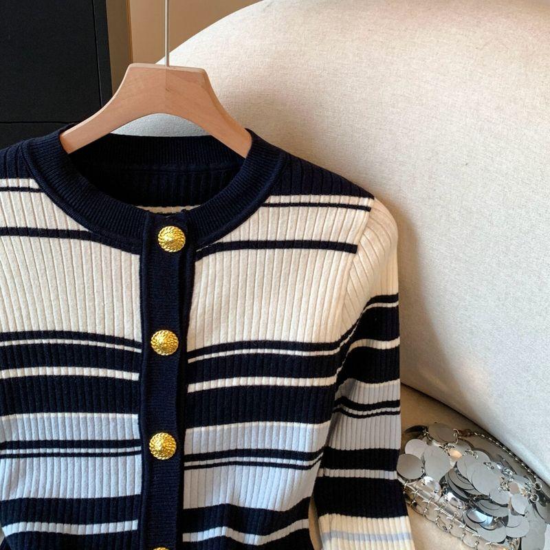 Self-Retained Recommend ~ Stripe Single-Breasted Long Sleeve Knit Cardigan Women Autumn New Versatile Small Sling Two-piece Set