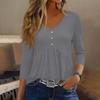 Womens 3/4 Sleeve V Neck Button Detail Solid Color Casual Loose Fit Tunic Top with Gathered Waist and Rounded Hem