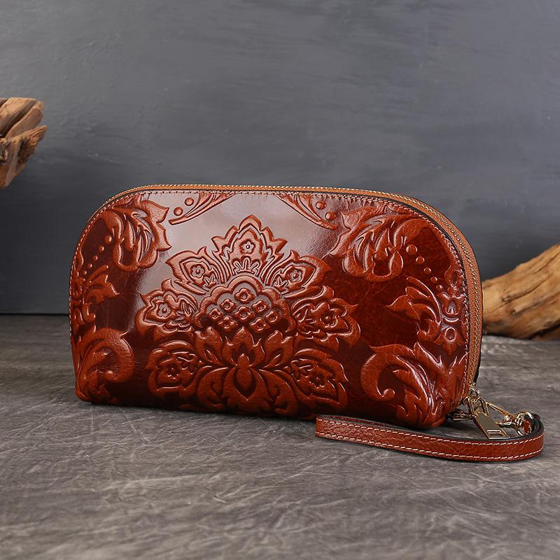 Embroidered Phone Case with Embossed Pattern Handbag for Ladies, Genuine Leather Zero Wallet Bag