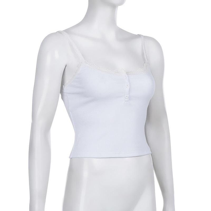 Damen Frühling und Sommer Einfarbig Quadratischer Ausschnitt Knopf Strick Sanfter Wind Spitze Spleißen Kleine Camisole Weste