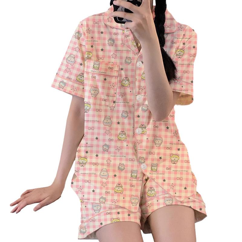 Cute Self-Deprecating Bear Pajamas Women'S Summer Short-Sleeved Sweet Pink Plaid High-Value Loungewear Suit
