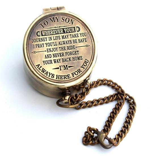 To My Son Engraved Brass of Camping Compass Love Mom-Dad,Confirmation,Graduationday,Birthday Gift Nautical Décor