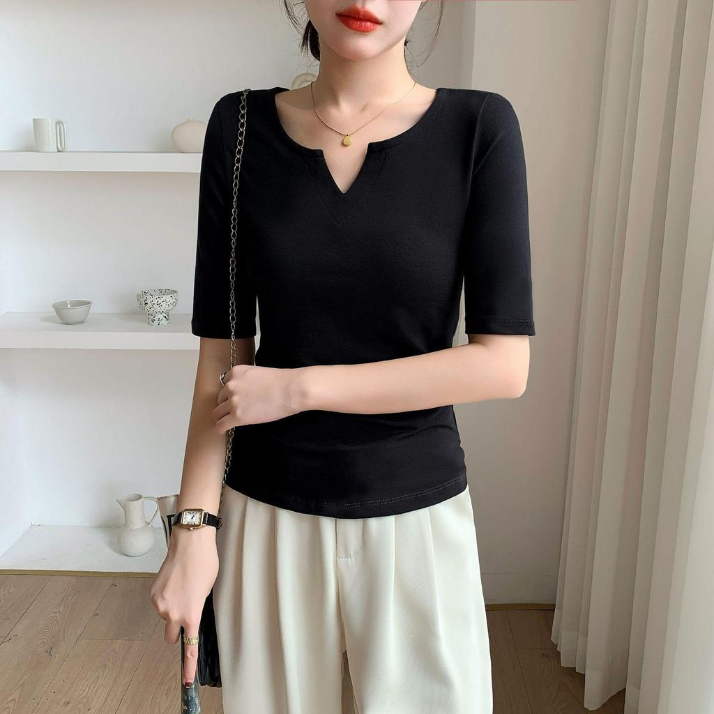 Women's Pure Cotton Slim Fit V-Neck Short Sleeve T-Shirt - Versatile for Spring, Autumn, and Winter