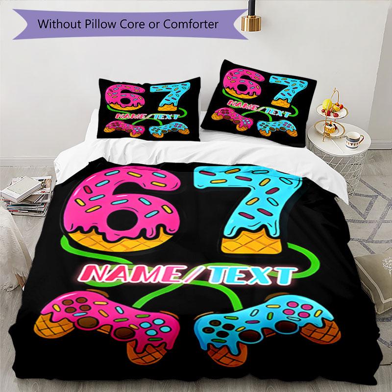 3PC Custom Name Donut Game Controller Art Bedding Set Printed Bedding Set Duvet Cover Closure Includes 1 Duvet Cover & 150 Pillowcases for Bedroom