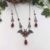 Retro Goth Red Crystal Bead Tassel Sliver Color Vampire Bat Pendant Choker Necklace Earrings Set for Men Women Hallowmas Jewelry