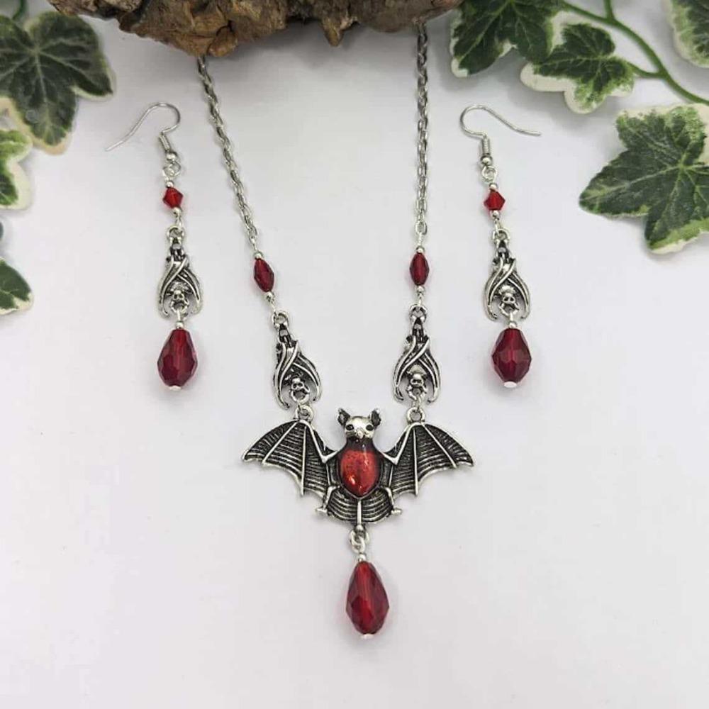 Retro Goth Red Crystal Bead Tassel Sliver Color Vampire Bat Pendant Choker Necklace Earrings Set for Men Women Hallowmas Jewelry