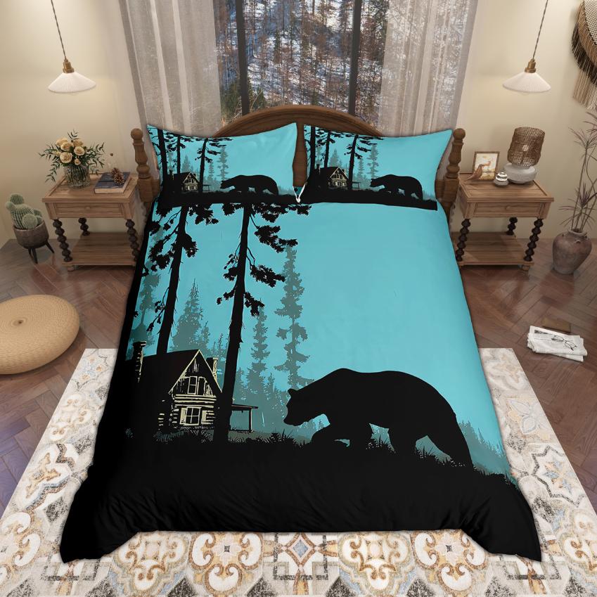 Homewish Rustykalny Zestaw Poszewki na Kołdrę z Niedźwiedziem i Jeleniem 2 szt./3 szt., Vintage Farmhouse Lodge Cabin Pościel, Zestaw Poszewki na Kołdrę z Motywem Myśliwskim