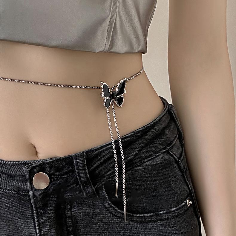 

Punk Liquid Metal Butterfly Rose Flower Waist Chain Adjustable copper Color Pendant Snake Bones Body Chain Punk Hiphop Zircon