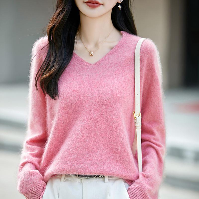 Autumn/Winter 2026 Cashmere Wool V-Neck Knitwear: Long Sleeve Solid Color Soft Sweater Top