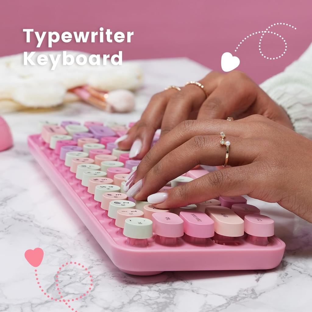 Perixx Bluetooth Wireless Mini Keyboard and Mouse Retro Round English Layout PERIDUO-802PK Set, Keys, Pink,